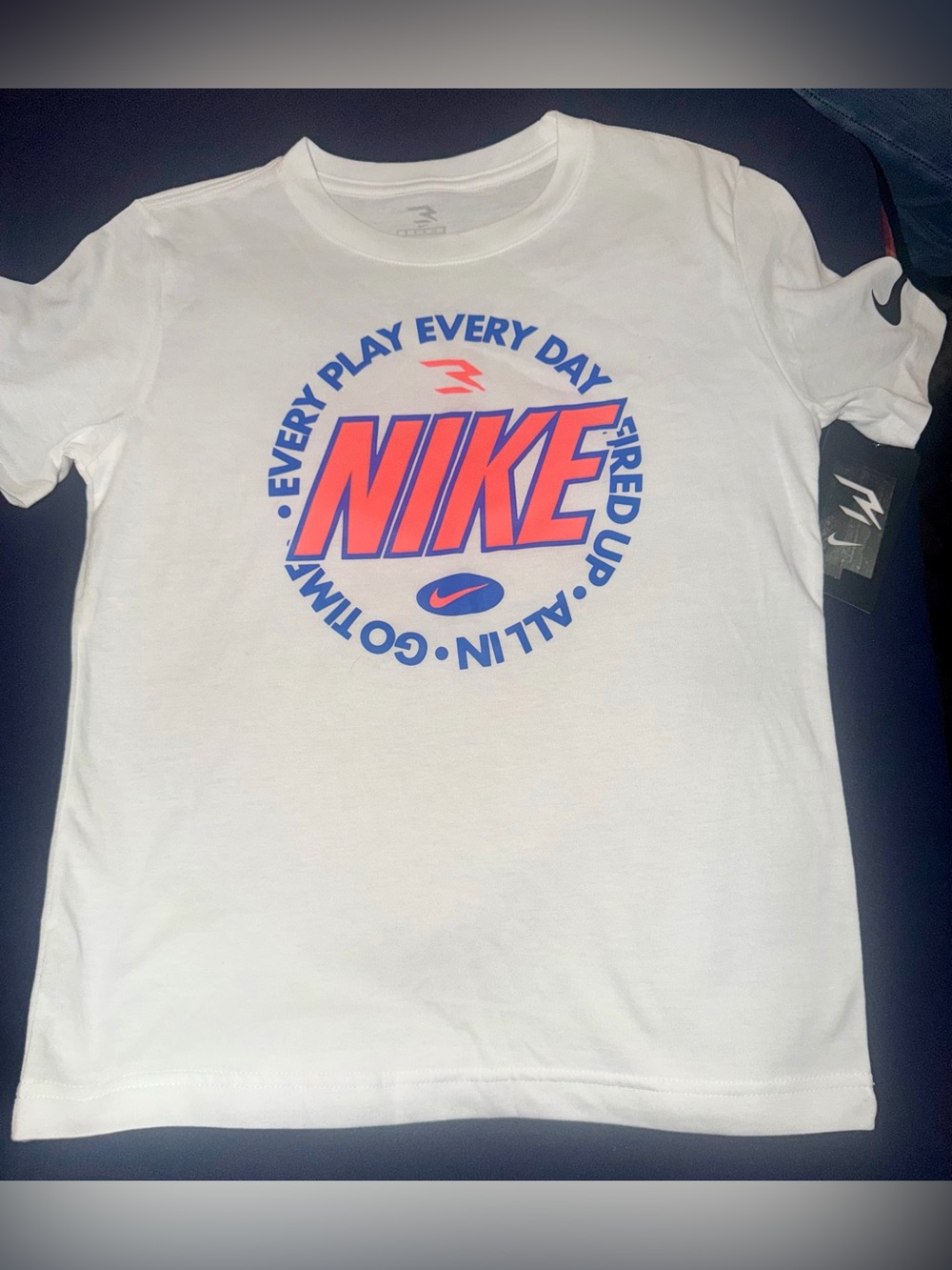 Nike White Tee with Orange and Blue Logo